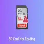 一張 SanDisk Ultra 64GB SD 卡的圖片,卡面上疊加了一個紅色的三角形驚嘆號警示圖標